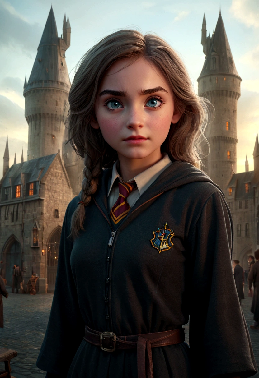 a young witch girl in harry potter-style , detailed face, beautiful eyes, long eyelashes, wand in hand, casting spells, hogwarts castle in background, cinematic lighting, fantasy, highly detailed, 8k, photorealistic, by artstation, by greg rutkowski, by lois van baarle