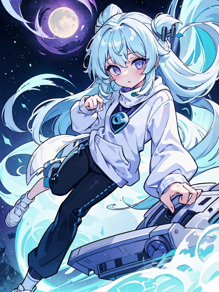A 6 year old girl, Named: Luna, with long light blue hair, greenish purple eyes, and white skin tone, With a normal personality, Wearing a white sweatshirt, and black pants.