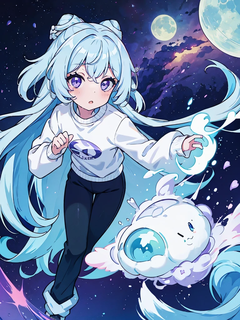 A 6 girl, Named: Luna, with long light blue hair, greenish purple eyes, and white skin tone, With a normal personality, Wearing a white sweatshirt, and black pants.