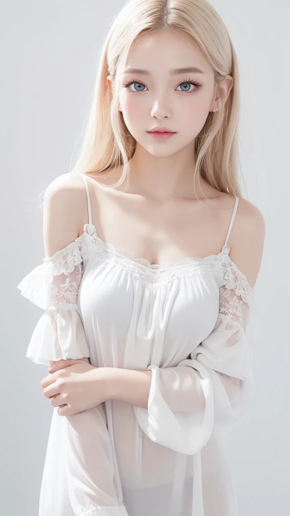 (((blouse、Off the shoulder、one piece、White background)))、forehead、Northern Europe、Russia、beautiful girl、Platinum Blonde Hair、Straight long hair、Hitting the face and front of the eyes、Big blue eyes、Sheer white and wet nightgown、Northern Europeの若者、Perfect body、White tendons、Glowing Skin、Young and beautiful skin、A perfect and beautiful little face、Bright makeup、Pale pink lips、Bright expression、16-year-old girl、lipstick、Deceptive advertising、Viewer's vision、Golden Hour Lighting、Bokeh Atmosphere Perspective、detailed、Movie Light、複雑なdetailed、High resolution、 フェイスデザインのdetailedな特徴、Attention to detail、Clear focus、Smoothness、aesthetics、Printed、Octane、{{masterpiece}}