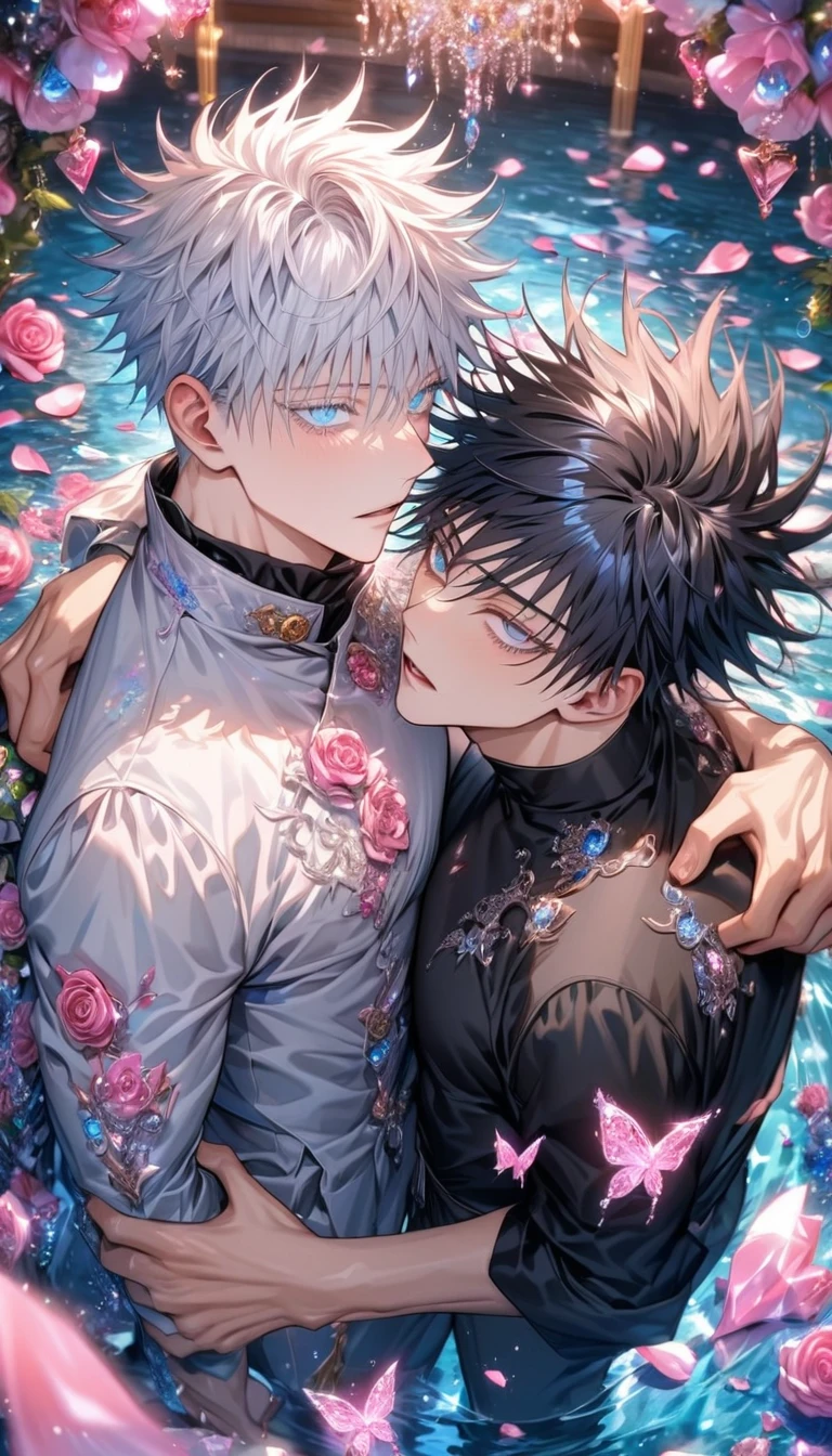 Ultra detailed, HDR, Highres, absurdres, master piece, Gojou Satoru, expressive blue eyes, white hair with bangs, white eyelashes, Fushiguro Megumi, expressive blue eyes, black hair, Jujutsu Kaisen, black shirt, pink glittering butterflies, pink ice, petals, pink ice glass roses, 2 sexy men together, gay couple, love, handsome, glittering, water, fantasy, magical