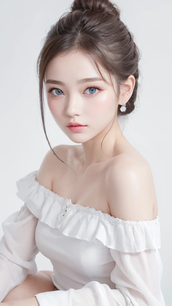 (((Chignon、blouse、Off the shoulder、one piece、White background)))、forehead、Northern Europe、Russia、beautiful girl、Platinum Blonde Hair、Straight long hair、Hitting the face and front of the eyes、Big blue eyes、Sheer white and wet nightgown、Northern Europeの若者、Perfect body、White tendons、Glowing Skin、Young and beautiful skin、A perfect and beautiful little face、Bright makeup、Pale pink lips、Bright expression、16-year-old girl、lipstick、Deceptive advertising、Viewer&#39;s vision、Golden Hour Lighting、Bokeh Atmosphere Perspective、detailed、Movie Light、複雑なdetailed、High resolution、 フェイスデザインのdetailedな特徴、Attention to detail、Clear focus、Smoothness、aesthetics、Printed、Octane、{{masterpiece}}