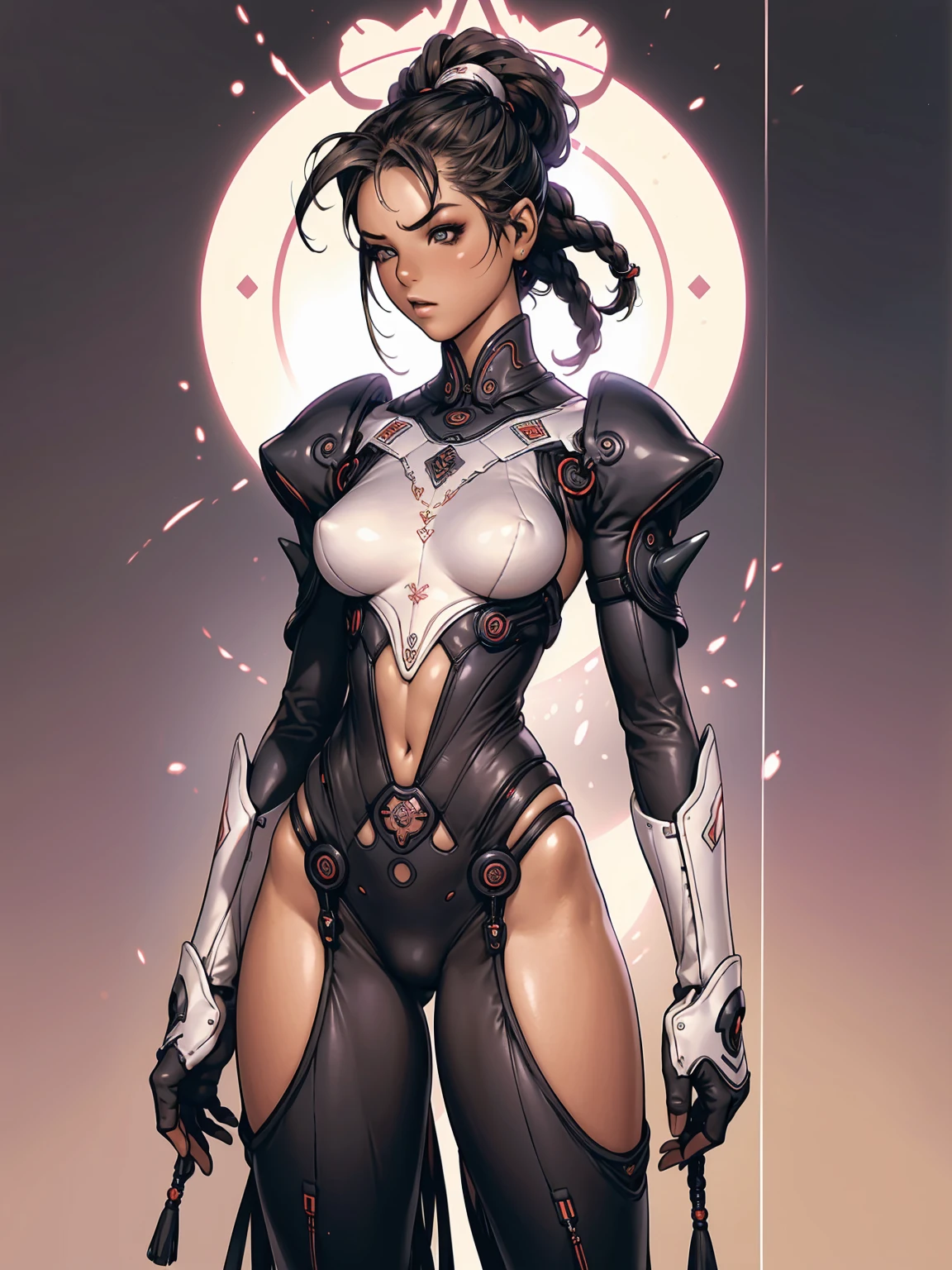 (((with your back to the viewer))), (((best qualityer))), (((perfectbody))), (((1girl))), Beautiful African American woman in oriental cyberpunk jacket, (((glossy black skin))), (((fully body))), (((dental floss))), (((afro girl))), (((coxas nuas))), (((DuneWalker))), high collar, digitalpainting, matte red, Digital illustration, extreme detail, digitl art, 4K, ultra HD. Your skin is deep, rich color and her hair is pulled back into two braids, (((best qualityer: 1.4))), (Unbeatable masterpiece), (hiper HD),(CG 8k hyper-realistic), (((brave face))), (((breasts big))), (((hyper feminine))), sexly girl, Tron,, ((( sculptural body ))), (((1 Kizi))), Kizi cibernética de 25 anos com perfectbody,,Beautiful and well-groomed face,muscular body:1.2,solid color detailed jacket, (Head to thigh photos), Complex equipment, green dark,long pants,Tight clothes are dark,With white stars and off-white stripes,,,,,Armor Metal Electronic Parts, Poison tattoos ) INFO, Kizi, (((standing alone))), pirralha violent, ((())), sexly, pose de atitude, work of art, post-apocalypse, (((manga style))), bounty hunter, violent, Manic, the way you want, slenderbody, thin but strong, perfectbody, roupa moderna, advanced technology, neon, sleeves with vertical striped pattern, neutral background, (( cowboy shot )). in the background a wall with intricate graffiti