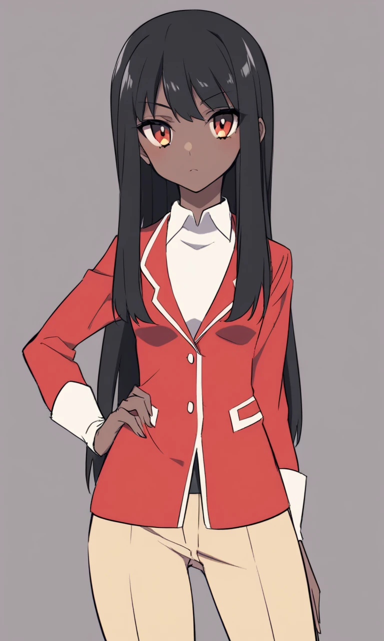 A dark skinned girl, amber eyes and black hair, straight and hip length, dressed as a , anime style, 17