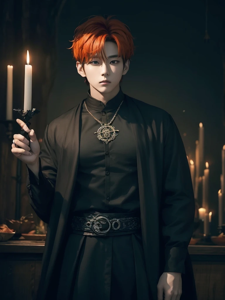 Jungkook bts actor and kpop idol more realism in hair and clothing hair orange, Generate an image of a Korean Kpop idol with bright orange hair, dressed in a black shirt and a tunic of the same color, surrounded by dark witches and warlocks in a coven. The background must be dark and gloomy, lleno de velas y witchcraft symbols.Create a visual representation of a Korean Kpop actor, with a spinal crown on his head, dressed in a black tunic and black shirt in a coven setting. Around it, dark witches casting curses, with a shadowy forest full of candles as a backdrop.Produces an image where a Korean Kpop idol, recognizable by his bright orange hair, is immersed in an environment of witchcraft and curse. He is dressed in a black tunic and a dark shirt, surrounded by wizards and witches in a dark forest full of magical symbols.Korean kpop idol actor who is dressed in a black shirt, black tunic, with a crown of thorns on his head, he is in a witches coven, all dark witches, curse and witchcraft, the background that is dark dark, a black background in a forest full of candles and spells, witchcraft symbols, bright orange hair amidst candles at a coven. homme coréen musclé maléfique manly muscle man, Young muscular evil Asian, 30 years old, manly, serious, serious face, rough features.  Let your muscles be shown, half your body exposed with snake tattoos.asian with strong muscles showing, rough masculine face, masculine manly manly features. Australian Canadian with a rough muscular face who shows off his muscles   