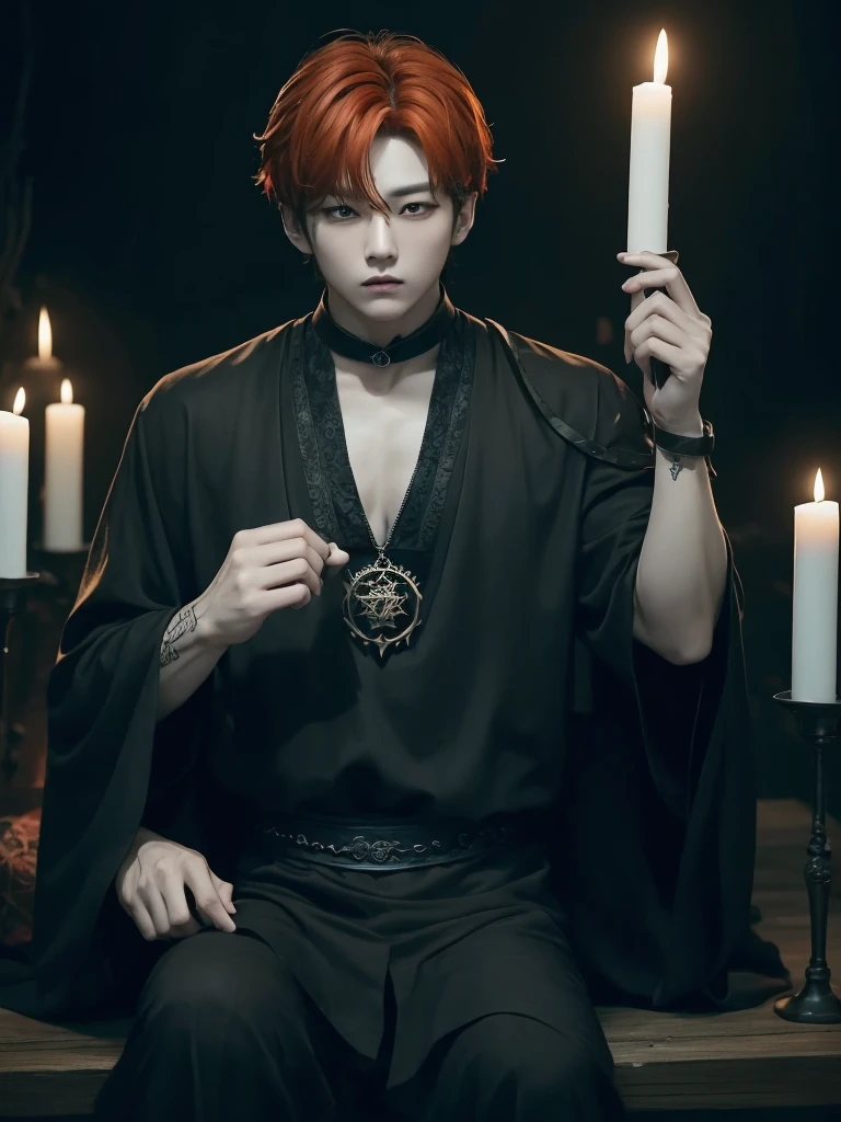 Jungkook bts actor and kpop idol more realism in hair and clothing hair orange, Generate an image of a Korean Kpop idol with bright orange hair, dressed in a black shirt and a tunic of the same color, surrounded by dark witches and warlocks in a coven. The background must be dark and gloomy, lleno de velas y witchcraft symbols.Create a visual representation of a Korean Kpop actor, with a spinal crown on his head, dressed in a black tunic and black shirt in a coven setting. Around it, dark witches casting curses, with a shadowy forest full of candles as a backdrop.Produces an image where a Korean Kpop idol, recognizable by his bright orange hair, is immersed in an environment of witchcraft and curse. He is dressed in a black tunic and a dark shirt, surrounded by wizards and witches in a dark forest full of magical symbols.Korean kpop idol actor who is dressed in a black shirt, black tunic, with a crown of thorns on his head, he is in a witches coven, all dark witches, curse and witchcraft, the background that is dark dark, a black background in a forest full of candles and spells, witchcraft symbols, bright orange hair amidst candles at a coven. homme coréen musclé maléfique manly muscle man, Young muscular evil Asian, 30 years old, manly, serious, serious face, rough features. Let your muscles be shown, half your body exposed with snake tattoos.asian with strong muscles showing, rough masculine face, masculine manly manly features. Australian Canadian with a rough muscular face who shows off his muscles