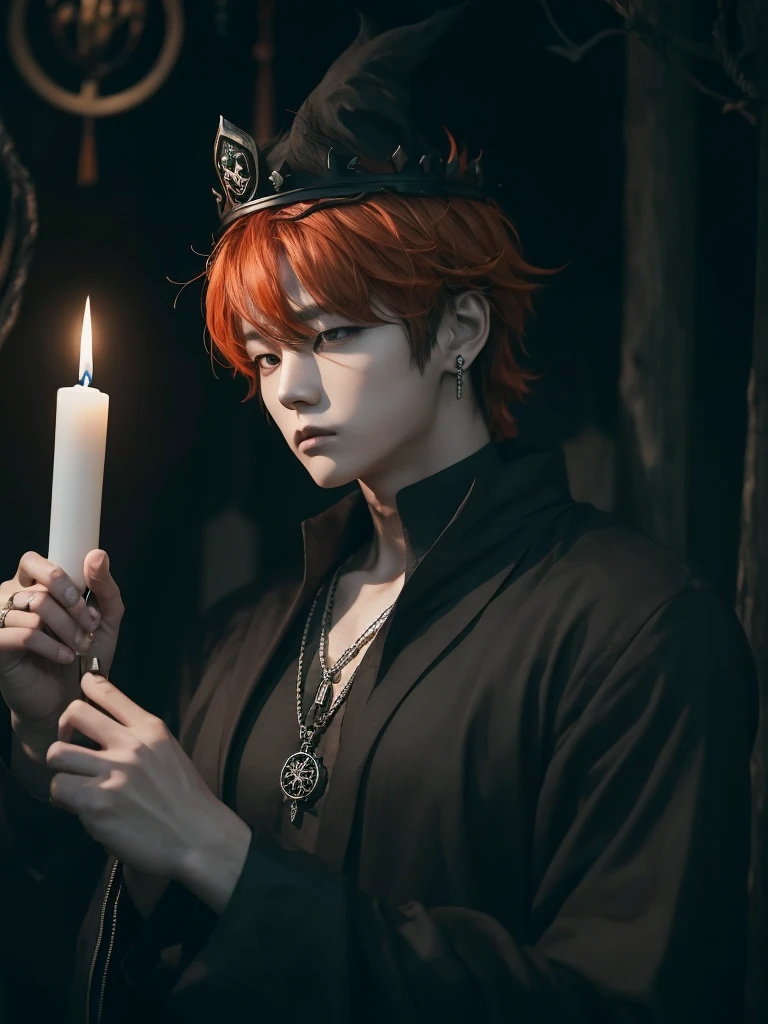 Jungkook bts actor and kpop idol more realism in hair and clothing hair orange, Generate an image of a Korean Kpop idol with bright orange hair, dressed in a black shirt and a tunic of the same color, surrounded by dark witches and warlocks in a coven. The background must be dark and gloomy, lleno de velas y witchcraft symbols.Create a visual representation of a Korean Kpop actor, with a spinal crown on his head, dressed in a black tunic and black shirt in a coven setting. Around it, dark witches casting curses, with a shadowy forest full of candles as a backdrop.Produces an image where a Korean Kpop idol, recognizable by his bright orange hair, is immersed in an environment of witchcraft and curse. He is dressed in a black tunic and a dark shirt, surrounded by wizards and witches in a dark forest full of magical symbols.Korean kpop idol actor who is dressed in a black shirt, black tunic, with a crown of thorns on his head, he is in a witches coven, all dark witches, curse and witchcraft, the background that is dark dark, a black background in a forest full of candles and spells, witchcraft symbols, bright orange hair amidst candles at a coven. homme coréen musclé maléfique manly muscle man, Young muscular evil Asian, 30 years old, manly, serious, serious face, rough features.  Let your muscles be shown, half your body exposed with snake tattoos.asian with strong muscles showing, rough masculine face, masculine manly manly features. Australian Canadian with a rough muscular face who shows off his muscles   