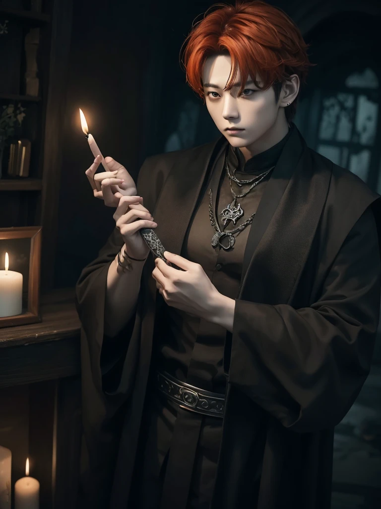 Jungkook bts actor and kpop idol more realism in hair and clothing hair orange, Generate an image of a Korean Kpop idol with bright orange hair, dressed in a black shirt and a tunic of the same color, surrounded by dark witches and warlocks in a coven. The background must be dark and gloomy, lleno de velas y witchcraft symbols.Create a visual representation of a Korean Kpop actor, with a spinal crown on his head, dressed in a black tunic and black shirt in a coven setting. Around it, dark witches casting curses, with a shadowy forest full of candles as a backdrop.Produces an image where a Korean Kpop idol, recognizable by his bright orange hair, is immersed in an environment of witchcraft and curse. He is dressed in a black tunic and a dark shirt, surrounded by wizards and witches in a dark forest full of magical symbols.Korean kpop idol actor who is dressed in a black shirt, black tunic, with a crown of thorns on his head, he is in a witches coven, all dark witches, curse and witchcraft, the background that is dark dark, a black background in a forest full of candles and spells, witchcraft symbols, bright orange hair amidst candles at a coven. homme coréen musclé maléfique manly muscle man, Young muscular evil Asian, 30 years old, manly, serious, serious face, rough features.  Let your muscles be shown, half your body exposed with snake tattoos.asian with strong muscles showing, rough masculine face, masculine manly manly features. Australian Canadian with a rough muscular face who shows off his muscles   