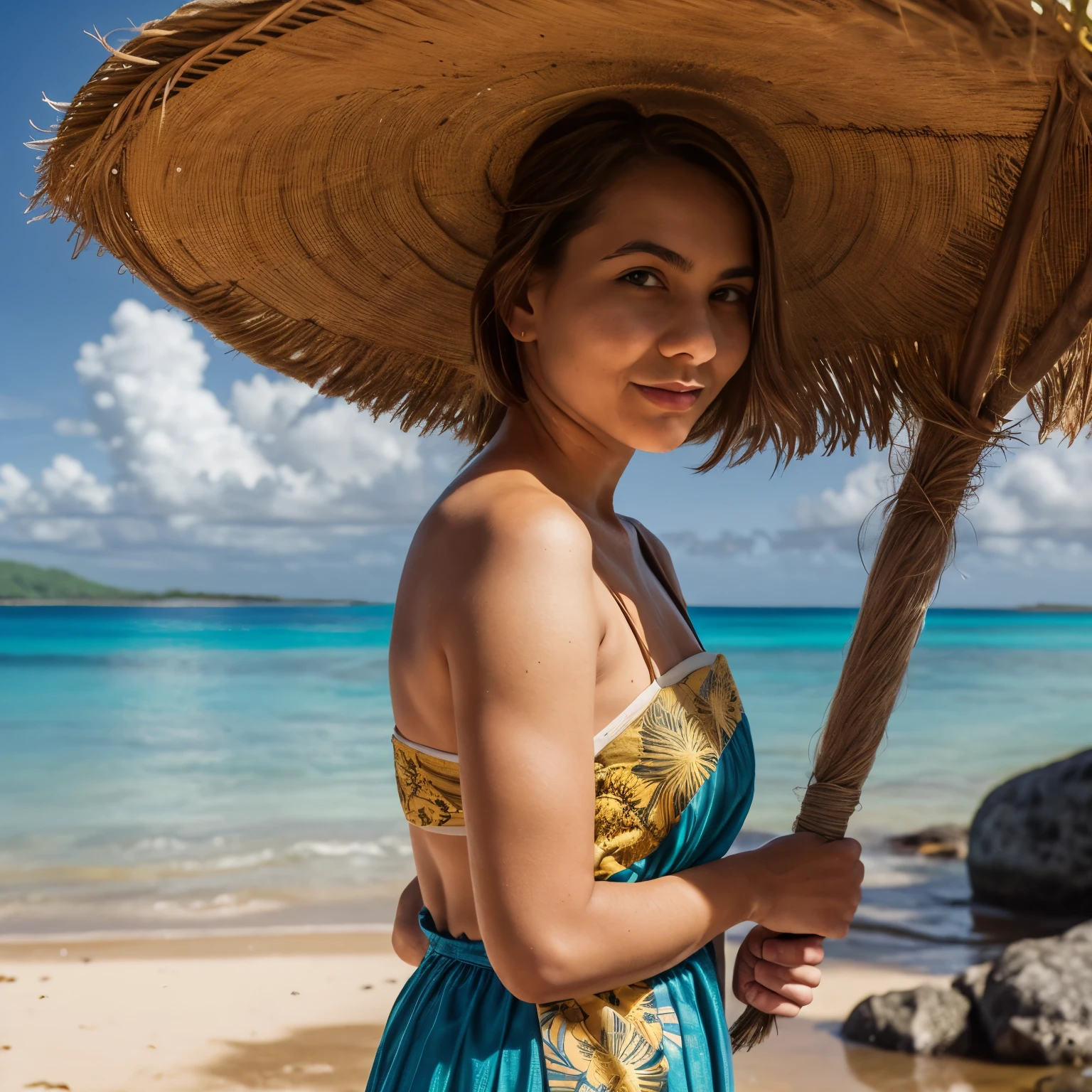 August - Vava'u Islands, Tonga
A woman named LaGermania poses for a chic calendar photoshoot on a remote island in the Vava'u Islands, Tonga during August. She stands amidst coconut palms and azure lagoons, with coral reefs and volcanic rock formations creating a tranquil backdrop against the South Pacific horizon. LaGermania wears a tapa cloth dress in hues of oceanic blue and sunlit gold, its hand-painted designs and natural fibers reflecting the cultural heritage of Tonga's Polynesian islands. The tapa cloth dress's wrapped style and minimalist elegance create a silhouette that blends traditional craftsmanship with contemporary island fashion. Her hair, styled in a loose bun adorned with tiare flowers, adds a touch of tropical allure to her ensemble. LaGermania's pose is serene yet spirited, one hand lightly holding a woven pandanus fan while the other gathers seashells along the shore, their delicate patterns mirroring the designs of her dress. The scene captures the idyllic beauty of the Vava'u Islands' remote beaches and the cultural warmth of Polynesian hospitality, where each detail—from the tapa cloth dress to LaGermania's radiant expression—invites viewers to experience the serenity of South Pacific island life.