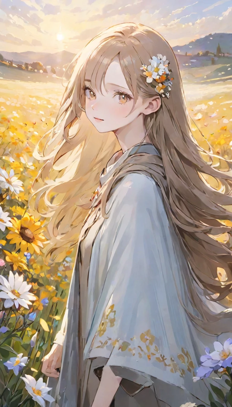 (masterpiece:1.2、Highest quality)、Hmph、Intricate details、One Girl、albino、Light brown eyes、beautiful brown long-haired、Silky straight hair、Twilight Look、Long Grey Poncho、(((Outdoor、Flower Field、Colorful flowers々)))、Natural light、Faint lighting
