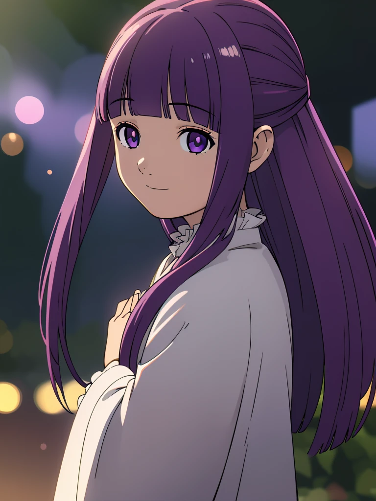 è²ä¼¦,1girl,solo,purple hair,long hair,purple eyes,blunt bangs,sidelocks,half updo,bright pupils, hair ornament,frilled collar,black robe,white dress,center frills,buttons,wide sleeves,long sleeves,curvy,cowboy shot,brown coat,from side,smile,, Exquisite visuals, high-definition,masterpiece,best quality,, 20yo,Young female,Beautiful Finger,Beautiful long legs,Beautiful body,Beautiful Nose,Beautiful character design, perfect eyes, perfect face,expressive eyes, looking at viewer, official art,extremely detailed CG unity 8k wallpaper, perfect lighting,Colorful, Bright_Front_face_Lighting,shiny skin, (masterpiece:1.0),(best_quality:1.0), ultra high res,4K,ultra-detailed, photography, 8K, HDR, highres, absurdres:1.2, Kodak portra 400, film grain, blurry background, bokeh:1.2, lens flare, (vibrant_color:1.2), (beautiful_face:1.5),(narrow_waist), 