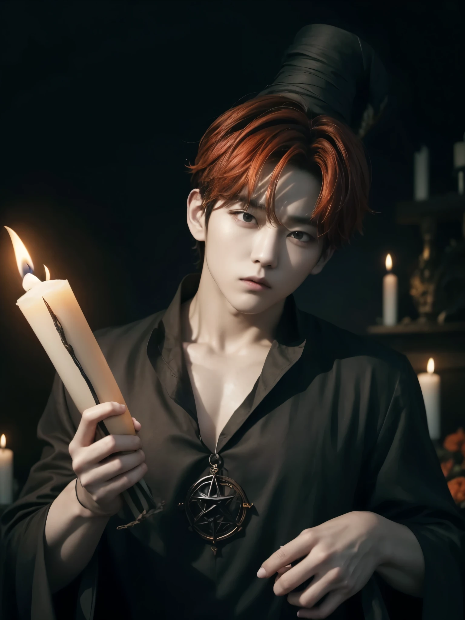 Jungkook bts actor and kpop idol more realism in hair and clothing hair orange, Generate an image of a Korean Kpop idol with bright orange hair, dressed in a black shirt and a tunic of the same color, surrounded by dark witches and warlocks in a coven. The background must be dark and gloomy, lleno de velas y witchcraft symbols.Create a visual representation of a Korean Kpop actor, with a spinal crown on his head, dressed in a black tunic and black shirt in a coven setting. Around it, dark witches casting curses, with a shadowy forest full of candles as a backdrop.Produces an image where a Korean Kpop idol, recognizable by his bright orange hair, is immersed in an environment of witchcraft and curse. He is dressed in a black tunic and a dark shirt, surrounded by wizards and witches in a dark forest full of magical symbols.Korean kpop idol actor who is dressed in a black shirt, black tunic, with a crown of thorns on his head, he is in a witches coven, all dark witches, curse and witchcraft, the background that is dark dark, a black background in a forest full of candles and spells, witchcraft symbols, bright orange hair amidst candles at a coven. homme coréen musclé maléfique manly muscle man, Young muscular evil Asian, 30 years old, manly, serious, serious face, rough features.  Let your muscles be shown, half your body exposed with snake tattoos.asian with strong muscles showing, rough masculine face, masculine manly manly features. Australian Canadian with a rough muscular face who shows off his muscles   