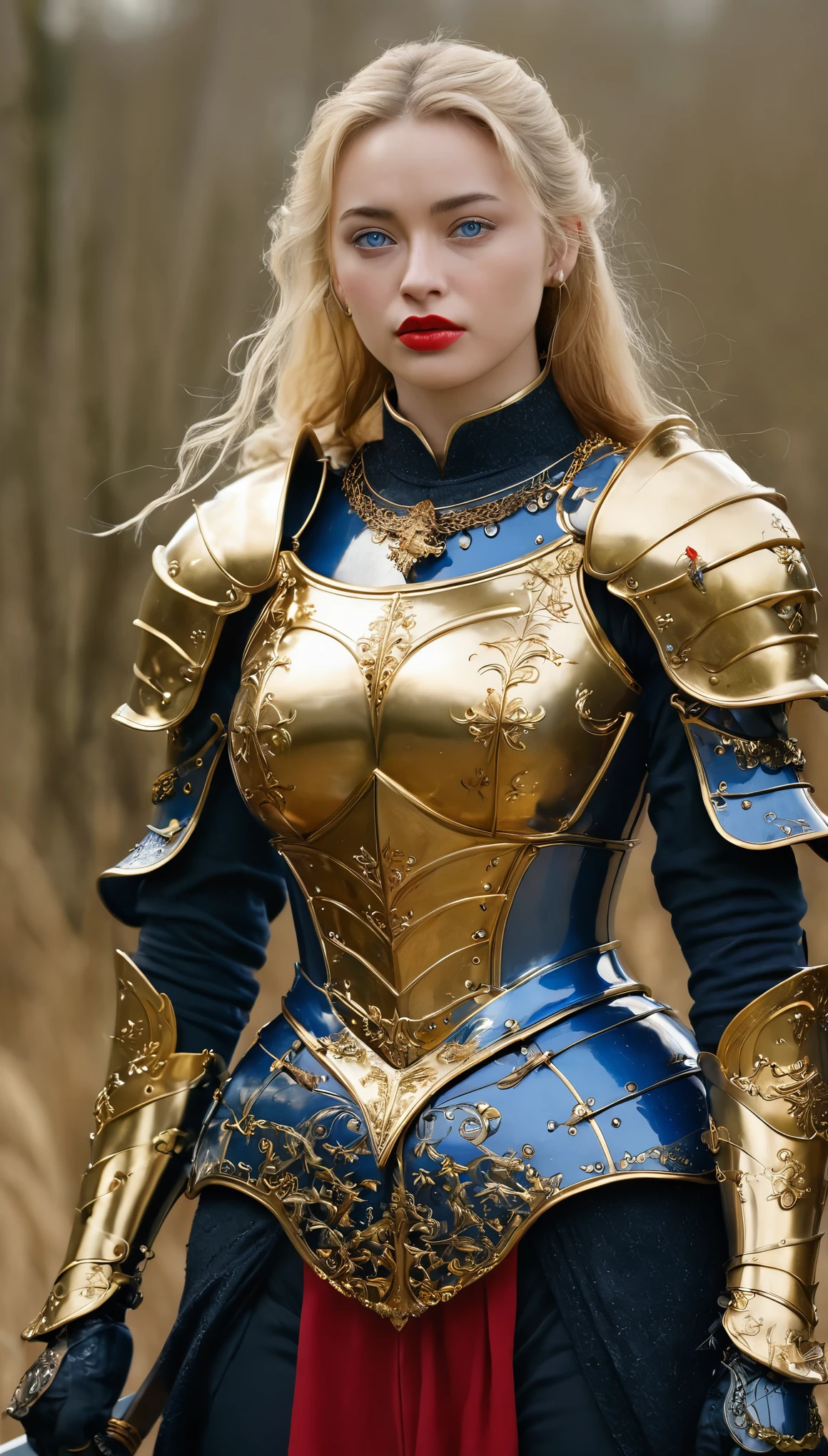 masterpiece,Highest quality,wonderful,(Female Knight_Female Knight:1),(Full body golden armor:1.3), (35歳のFemale Knight:1.3),、Big and ample breasts, Big Breasts,Big Breasts,,Hyper Real,中世ヨーロッパの都市のbattlefieldにいる,Expressionless,、British women、Delicate skin texture to the smallest detail 、(Detailed blue eyes)、(Chubby body type))、(Very large)、Middle-aged women、(ふわふわblondeの長い髪)、Wheat tanned skin、(blonde)、Very large、Female Knight、Big Breastsの谷間、豪華に装飾されたFull body golden armor、Medieval witch、Golden long boots with flashy decorations、Deep neckline、Pure gold and jewellery necklaces and collars、Big gold earrings、Bright red lips、豪華なFull body golden armorを着て、Gold Long Gloves、She has a big long sword、The sword is ornately decorated..........................、The blade is pitch black、(Female Knight)、(battlefield)、