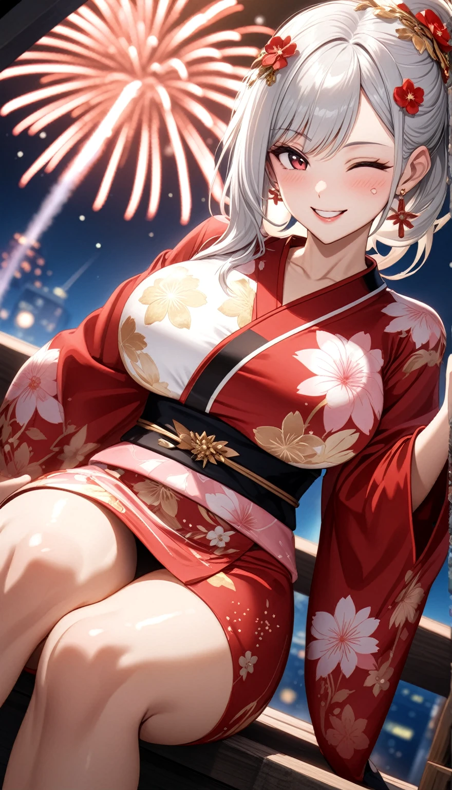 ((One personの女性)), Beautiful Face, ((Wink:2.0)), ((double peace)), (head tilt), Laugh with your mouth wide open,((Bright red cheeks:1.3)),Shiny red lips,night,rooftop,You can see the ocean, firework,Laughing with your mouth open,Glossy pink lips,Facial lighting,((Makoto Shinkai-style background)),masterpiece, Highest quality, so beautiful,up to date, Complex details, (Pink long nails), (4fingers and 1thumbs), (ring),(bracelet),(choker),AI-generated, Complex,High resolution, Highest quality, super high quality,3D Images、3D Images,One person,Long white hair,High Ponytail,(blue eyes),Anime woman posing for a photo, ((Fine grain、Silvery white colorful eyes、Shining Eyes:1.3)),(Squint your eyes:1.1),a hyperRealistic , hyperRealistic , Realistic,Anime woman with long white hair, Smooth anime CG art, A woman in a colorful kimono with gold embroidery, (Black long sleeve kimono),Red floral pattern,Long flower hair ornament,Earrings,Mature Body,(Big Breasts:1.1),Tall,Abdominal muscles,Narrow waist,(Zoom up to face:1.7),Shooting from diagonally below