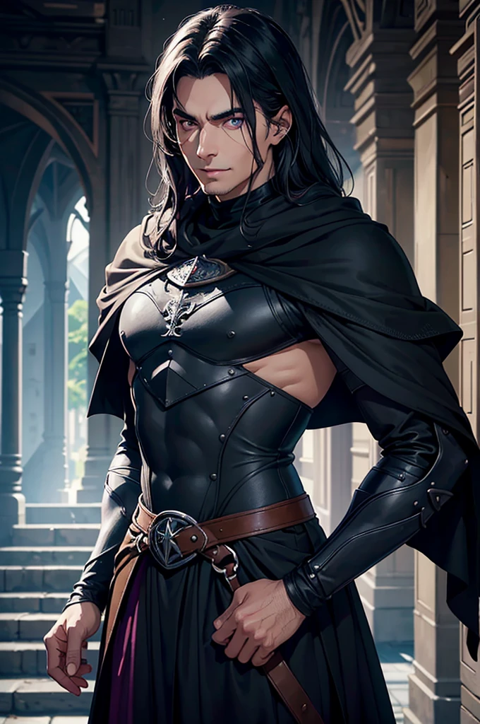 Portrait of a man with dark gray hair, smooth and short, violet eyes. He wears black medieval clothes with a Cretan cape. He smiles sarcastically, in a medieval castle setting. 2d ART tormenta 20 style, d&D art, RPG art roguish smirk, handsome guy in demon slayer art, he's very menacing and evil, grinning lasciviously, dark light night, symmetrical face, symmetric eyes, fot realisitic, fot, Masterpiece artwork, realisitic, 真实感, rendering, hight contrast, photographingrealistic digital art trend on Artstation 8k HD high definition detailed realistic , detailded, texture skin, hiper detailded, Textura realisitic da pele, armour, best qualityer, ultra high-resolution, (fotrrealisitic: 1.4), high resolution, detailded, fot crua, sharp re, by lee jeffries nikon d850 film stock photographygrafiagraphy 4 kodak camera portra 400 lens f1.6 colors rich hyper realistic texture dramatic lighting irrealengine trending on artstation cinestill 800
