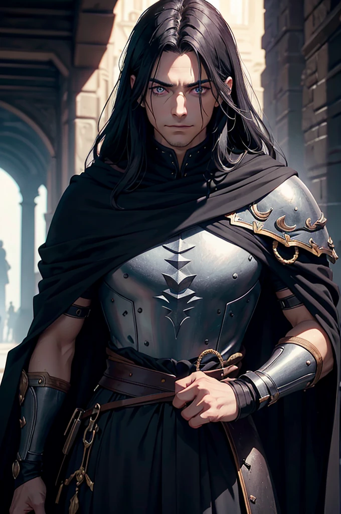 Portrait of a man with dark gray hair, smooth and short, violet eyes. He wears black medieval clothes with a Cretan cape. He smiles sarcastically, in a medieval castle setting. 2d ART tormenta 20 style, d&D art, RPG art roguish smirk, handsome guy in demon slayer art, he's very menacing and evil, grinning lasciviously, dark light night, symmetrical face, symmetric eyes, fot realisitic, fot, Masterpiece artwork, realisitic, 真实感, rendering, hight contrast, photographingrealistic digital art trend on Artstation 8k HD high definition detailed realistic , detailded, texture skin, hiper detailded, Textura realisitic da pele, armour, best qualityer, ultra high-resolution, (fotrrealisitic: 1.4), high resolution, detailded, fot crua, sharp re, by lee jeffries nikon d850 film stock photographygrafiagraphy 4 kodak camera portra 400 lens f1.6 colors rich hyper realistic texture dramatic lighting irrealengine trending on artstation cinestill 800