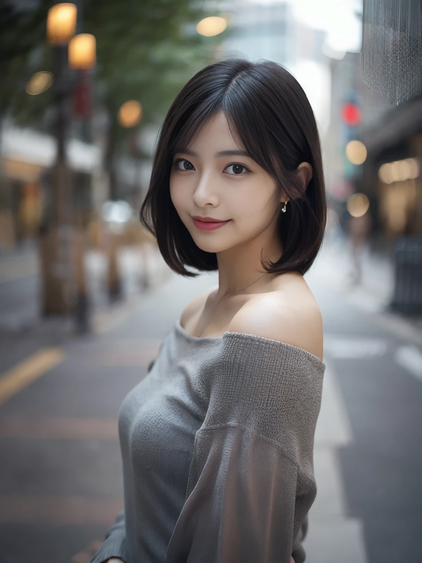 Fullbody shot, medium black hair woman, standing in city with blurred background. Wearing an off-shoulder grey blouse, necklace, front view, left shoulder slightly dropped. Soft, confident expression. Body facing forward.