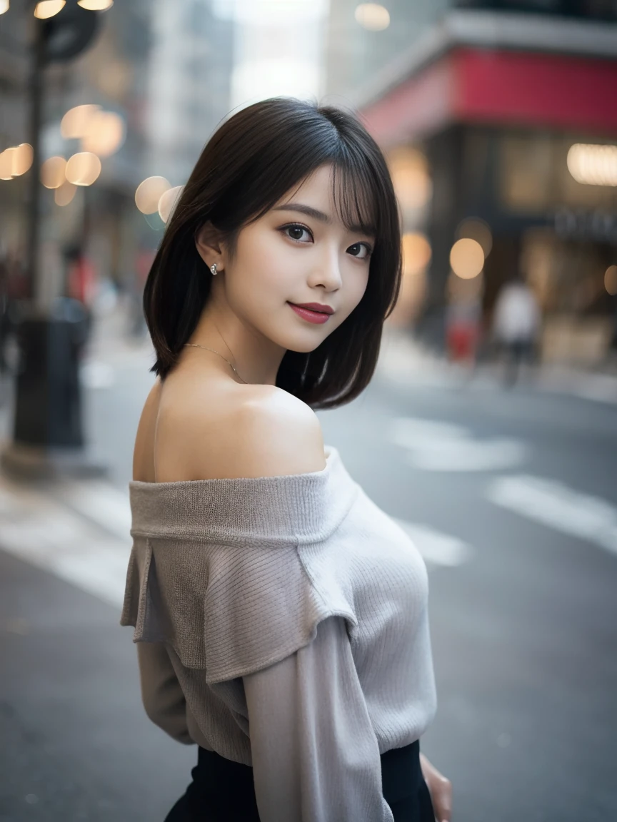 Fullbody shot, medium black hair woman, standing in city with blurred background. Wearing an off-shoulder grey blouse, necklace, front view, left shoulder slightly dropped. Soft, confident expression. Body facing forward.