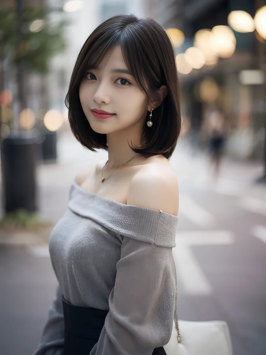 Fullbody shot, medium black hair woman, standing in city with blurred background. Wearing an off-shoulder grey blouse, necklace, front view, left shoulder slightly dropped. Soft, confident expression. Body facing forward.