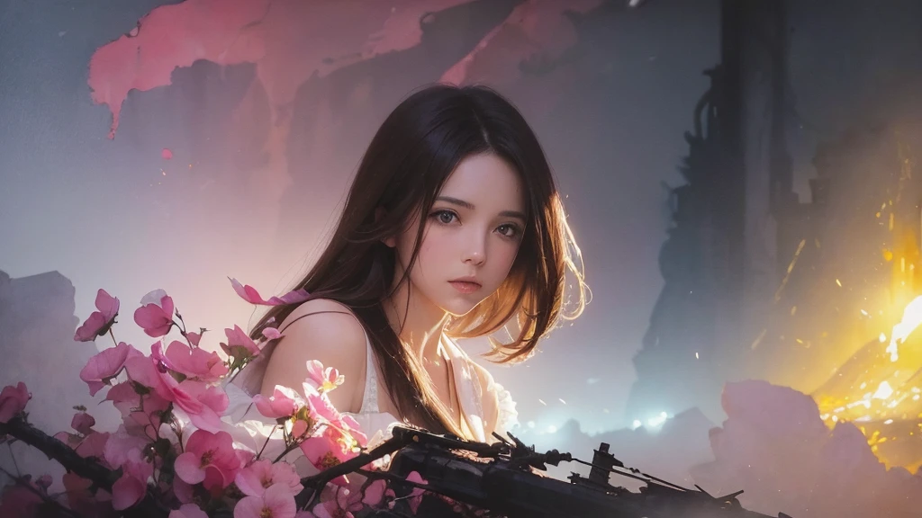 32k, Masterpiece, Highest quality, One girl, Brown Hair, Detailed eyes, flower,sweet pea, Pink and yellow style,A dreamy, romantic piece,Pale pink, Mysterious Leaves,A playful arrangement,Fantasy,High Contrast,Ink strokes,explosion,Exposure, Impression of pink and yellow tones,Abstract,((Watercolours by John Berkey and Jeremy Mann )) Brush strokes,Negative Space, Tyndall effect, White background