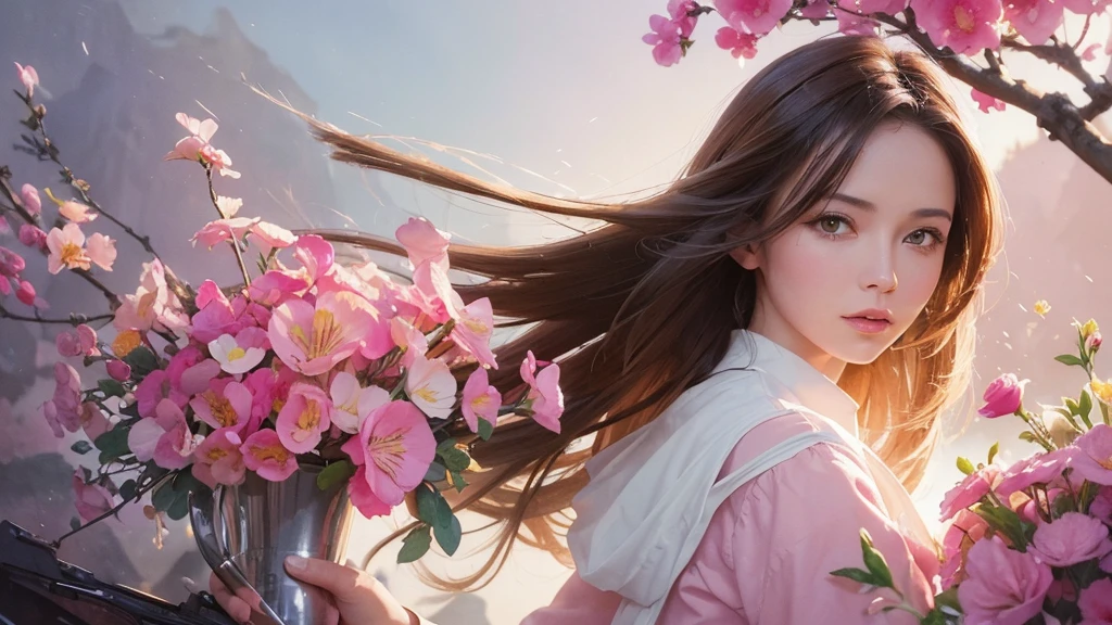 32k, Masterpiece, Highest quality, One girl, Brown Hair, Detailed eyes, flower,sweet pea, Pink and yellow style,A dreamy, romantic piece,Pale pink, Mysterious Leaves,A playful arrangement,Fantasy,High Contrast,Ink strokes,explosion,Exposure, Impression of pink and yellow tones,Abstract,((Watercolours by John Berkey and Jeremy Mann )) Brush strokes,Negative Space, Tyndall effect, White background