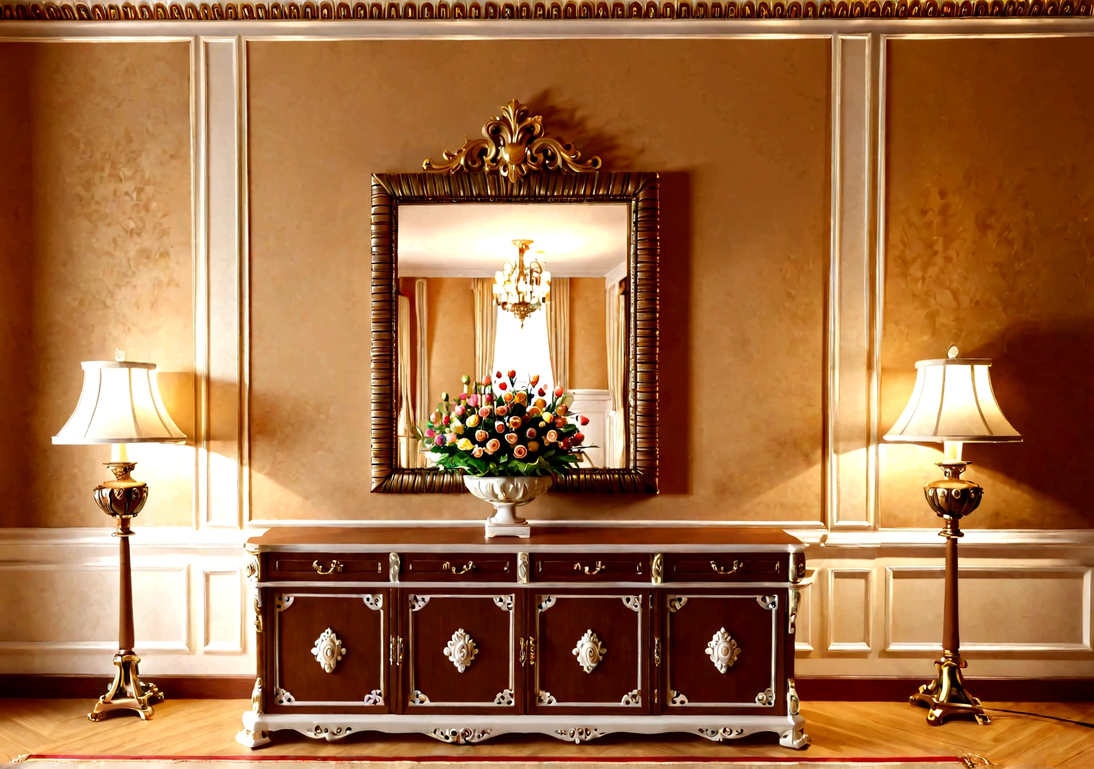 Front view，Close-up，Head-up view，European style palace room interior scene，There is a cabinet，There is a flower arrangement，There are ornaments，With wall lamp，No display door，No windows displayed，No characters，Light brown room style，Super Realism，Light Effect，Ultra HD，high quality，High Detail，high resolution