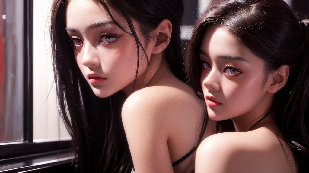 High-resolution image, (Realistic painting style: 0. 9) masterpiece, Highest quality, Disorganized,Silver eyes with shining red pupils, 1girl's solo portrait, Dressed in a pink dress, long hair and beautiful face make her look elegant and Her long hair and beautiful face make her look elegant. Brogna's bangs cascade down her forehead, and a faint smile frames her closed mouth.
in a jazz bar.