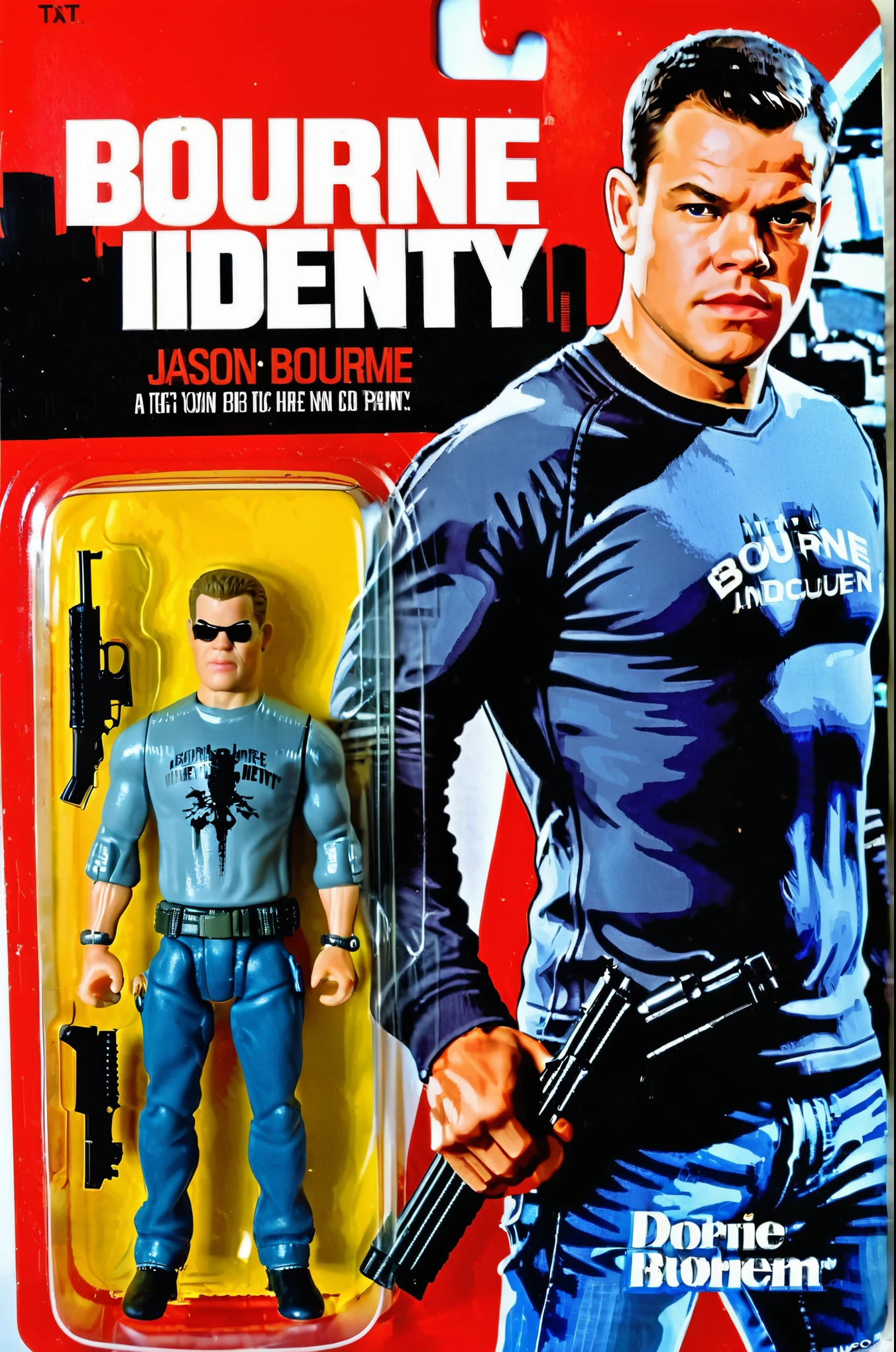A toy of Jason Bourne from the Bourne Identity movie, holding a handgun, wearing grey long sleeve shirts and jeans pants, (logo text 'Bourne Identity : Jason Bourne':1.5), Mattel,
