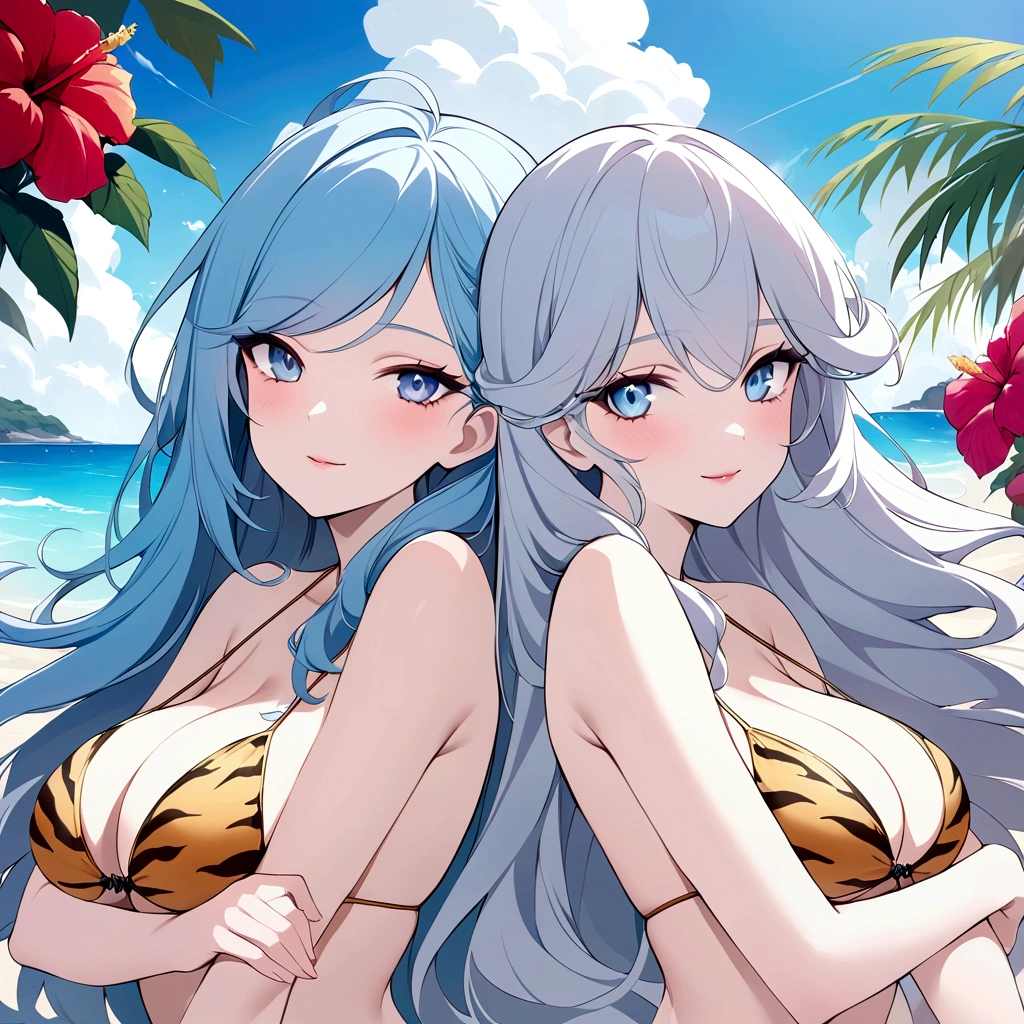 1People Girls, Best image quality,Light blue hair, Long Hair,Light blue eyes, Wearing a tiger print bikini, Loose and fluffy hair, Elegant and delicate eyes, Detailed facial features, Long eyelashes, Beautiful lip detail, graceful and detailed poses, Upper Body, Dynamic configuration,Vibrant colors, Soft and dreamy, Hibiscus Landscape,A cheerful smile,Ocean,summer,Daytime,Lying on the sand,Large Breasts