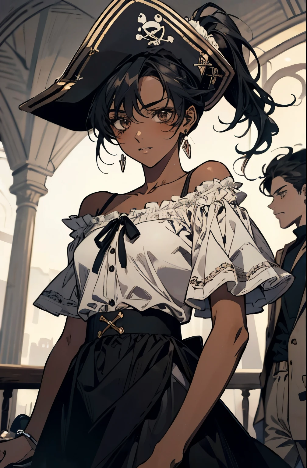 ((Best Quality)), ((Masterpiece)), (detailed), (anime), (Cartoon), 1 girl, tanned skin, off shoulder sweater, pirate accessories, gloomy appearance, medieval dress, pirate hat, earrings, katana, black skin, long hair, black hair, ponytail, ((Best Quality)), ((Masterpiece)), (detailed), (anime), (Cartoon), (80's Cartoon), mujer con black hair largo, black skin, pirate accessories, gloomy appearance, medieval courtesan dress, tanned skin, loose white shirt, black open skirt, yandere