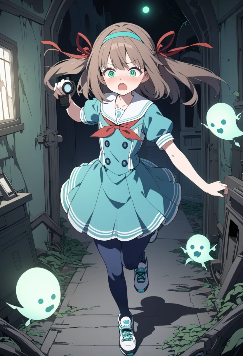 (best quality,4k,highres) A cute japaneese girl, drawn in anime style, futuristic, Frutiger aero aesthetic, sci-fi, is afraid, jade green eyes, long brown hair, ribbon headband, small breast, white and blue futuristic sailor lolita dress with puffy sleeves, school crest, red ribbon, navy blue pantyhose, High tech sport shoes with glowing parts, holding a flashlight, screaming in horror, in a abandoned haunted mansion, running away from a creepy ghost, at night, moonlight, low brightness, darkness, highly detailed, 4K.