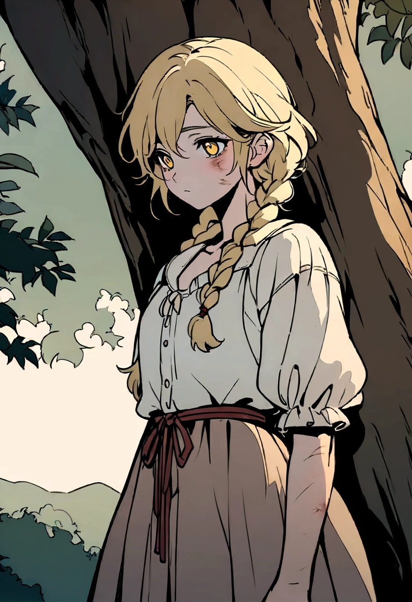 Masterpiece, High quality, High quality of art, anime lineart, Oil painting style, 1boy, Femboy, Light golden hair, braids, Yellow eyes, red shadows and bruises under the eyes, calm, half-asleep, near a large tree, feminine, in simple rustic clothes, Half-naked, morning, 