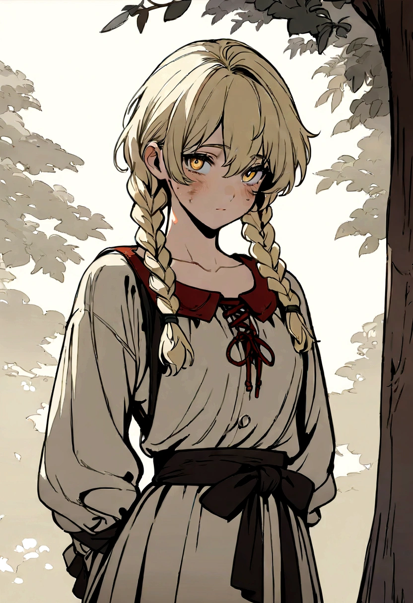 Masterpiece, High quality, High quality of art, anime lineart, Oil painting style, 1boy, Femboy, Light golden hair, braids, Yellow eyes, red shadows and bruises under the eyes, calm, half-asleep, near a large tree, feminine, in simple rustic clothes, Half-naked, morning,