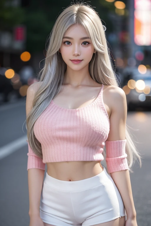 ((((Long Hair))))、((((Silver Hair、A sliver of blonde hair))))、Highest quality、8K、HDR、High resolution、Absurd:1.2、Background Blur、Bokeh:1.2、photograph、(RAWphotograph:1.2) 、(Realism: 1.4)、(Masterpiece: 1.3)、(Intricate details: 1.2)、1 Girl、solo、Japanese Girls、Delicate and beautiful details、(Detailed eyes)、(Detailed facial features)、Small, beautiful and clear eyes、Detailed pupil、(((Big Breasts)))、Perfect for the skin、(Viewer)、from the front、(thin)、(Highest quality:1.4)、(超High resolution:1.2)、Cinema Light、(Highly detailed illustration)、(Lip gloss、Highest quality、超High resolution、Depth of written boundary、Caustics、Broad Lighting、Natural Shading、85mm、f/1.4、iso 200、160s:0.75)、1girl、solo、((smile))、(((slim) body)))、Upper Body、(((Pink Sweater、Bare shoulders、Biceps、Triceps、Pectoralis major、Abdominal muscles、Six Pack、White shorts)))、Are standing、(pureerosface_v1:0.5)、Streets of Tokyo、night、Streetscape、City lights、Close-up