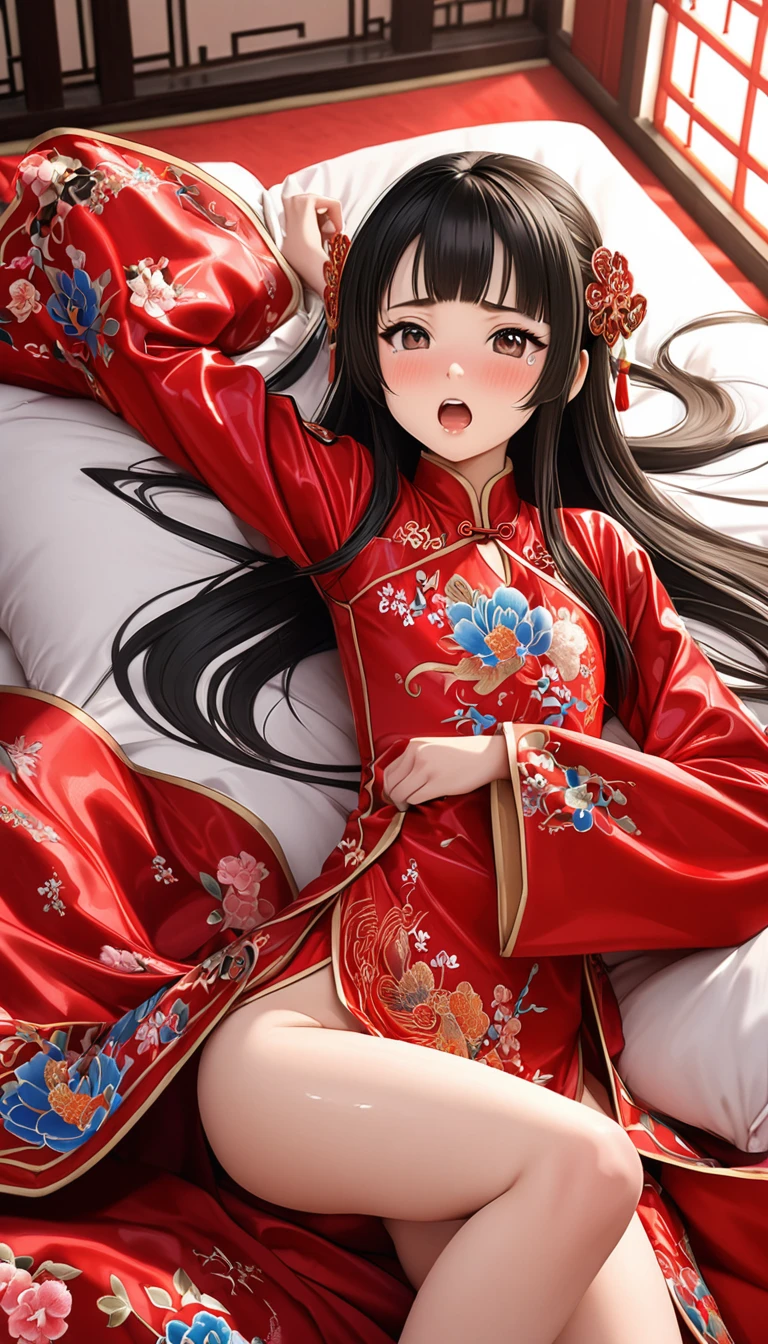 8k Tragic historical drama in live-action style: Beautiful palace secrets　Beautiful 10 year old Chinese Kung Fu princess with long black hair is forced to have sex by the devil　Gorgeous embroidery, Ultra glossy, She is wearing a shiny red long-sleeved floral kung fu suit....　　She cries loudly and is made to lie on a floral futon and has a penis inserted into her　She spreads her legs wide