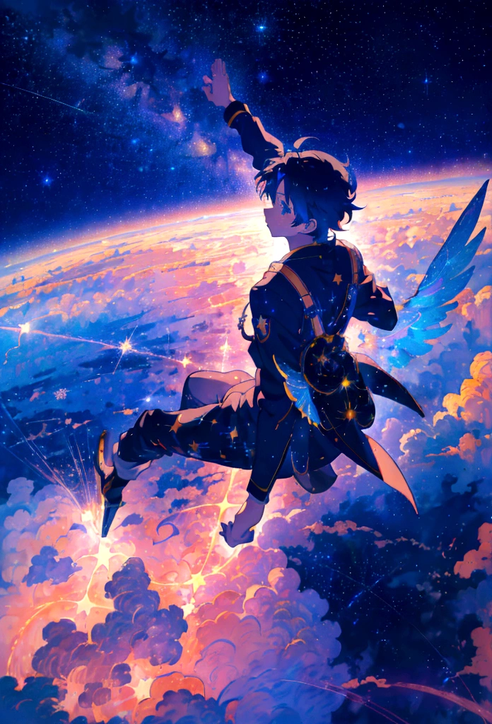 Scene of a beautiful boy flying through a beautiful starry night sky,anime art wallpaper 4k, anime art wallpaper 4k, Anime Art Wallpapers 8K, anime wallpaper 4k, anime wallpaper 4k, 4k anime wallpaper,The night view below