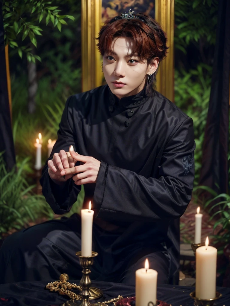 Jungkook bts actor and kpop idol more realism in hair and clothing hair orange, Generate an image of a Korean Kpop idol with bright orange hair, dressed in a black shirt and a tunic of the same color, surrounded by dark witches and warlocks in a coven. The background must be dark and gloomy, lleno de velas y witchcraft symbols.Create a visual representation of a Korean Kpop actor, with a spinal crown on his head, dressed in a black tunic and black shirt in a coven setting. Around it, dark witches casting curses, with a shadowy forest full of candles as a backdrop.Produces an image where a Korean Kpop idol, recognizable by his bright orange hair, is immersed in an environment of witchcraft and curse. He is dressed in a black tunic and a dark shirt, surrounded by wizards and witches in a dark forest full of magical symbols.Korean kpop idol actor who is dressed in a black shirt, black tunic, with a crown of thorns on his head, he is in a witches coven, all dark witches, curse and witchcraft, the background that is dark dark, a black background in a forest full of candles and spells, witchcraft symbols, bright orange hair amidst candles at a coven. homme coréen musclé maléfique manly muscle man, Young muscular evil Asian, 30 years old, manly, serious, serious face, rough features.  Let your muscles be shown, half your body exposed with snake tattoos.asian with strong muscles showing, rough masculine face, masculine manly manly features. Australian Canadian with a rough muscular face who shows off his muscles   