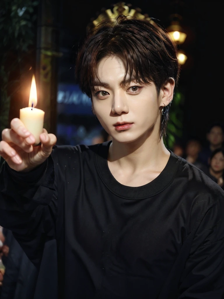 Jungkook bts actor and kpop idol more realism in hair and clothing hair orange, Generate an image of a Korean Kpop idol with bright orange hair, dressed in a black shirt and a tunic of the same color, surrounded by dark witches and warlocks in a coven. The background must be dark and gloomy, lleno de velas y witchcraft symbols.Create a visual representation of a Korean Kpop actor, with a spinal crown on his head, dressed in a black tunic and black shirt in a coven setting. Around it, dark witches casting curses, with a shadowy forest full of candles as a backdrop.Produces an image where a Korean Kpop idol, recognizable by his bright orange hair, is immersed in an environment of witchcraft and curse. He is dressed in a black tunic and a dark shirt, surrounded by wizards and witches in a dark forest full of magical symbols.Korean kpop idol actor who is dressed in a black shirt, black tunic, with a crown of thorns on his head, he is in a witches coven, all dark witches, curse and witchcraft, the background that is dark dark, a black background in a forest full of candles and spells, witchcraft symbols, bright orange hair amidst candles at a coven. homme coréen musclé maléfique manly muscle man, Young muscular evil Asian, 30 years old, manly, serious, serious face, rough features.  Let your muscles be shown, half your body exposed with snake tattoos.asian with strong muscles showing, rough masculine face, masculine manly manly features. Australian Canadian with a rough muscular face who shows off his muscles   