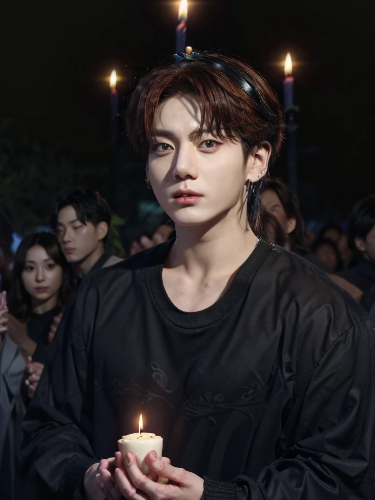 Jungkook bts actor and kpop idol more realism in hair and clothing hair orange, Generate an image of a Korean Kpop idol with bright orange hair, dressed in a black shirt and a tunic of the same color, surrounded by dark witches and warlocks in a coven. The background must be dark and gloomy, lleno de velas y witchcraft symbols.Create a visual representation of a Korean Kpop actor, with a spinal crown on his head, dressed in a black tunic and black shirt in a coven setting. Around it, dark witches casting curses, with a shadowy forest full of candles as a backdrop.Produces an image where a Korean Kpop idol, recognizable by his bright orange hair, is immersed in an environment of witchcraft and curse. He is dressed in a black tunic and a dark shirt, surrounded by wizards and witches in a dark forest full of magical symbols.Korean kpop idol actor who is dressed in a black shirt, black tunic, with a crown of thorns on his head, he is in a witches coven, all dark witches, curse and witchcraft, the background that is dark dark, a black background in a forest full of candles and spells, witchcraft symbols, bright orange hair amidst candles at a coven. homme coréen musclé maléfique manly muscle man, Young muscular evil Asian, 30 years old, manly, serious, serious face, rough features.  Let your muscles be shown, half your body exposed with snake tattoos.asian with strong muscles showing, rough masculine face, masculine manly manly features. Australian Canadian with a rough muscular face who shows off his muscles   