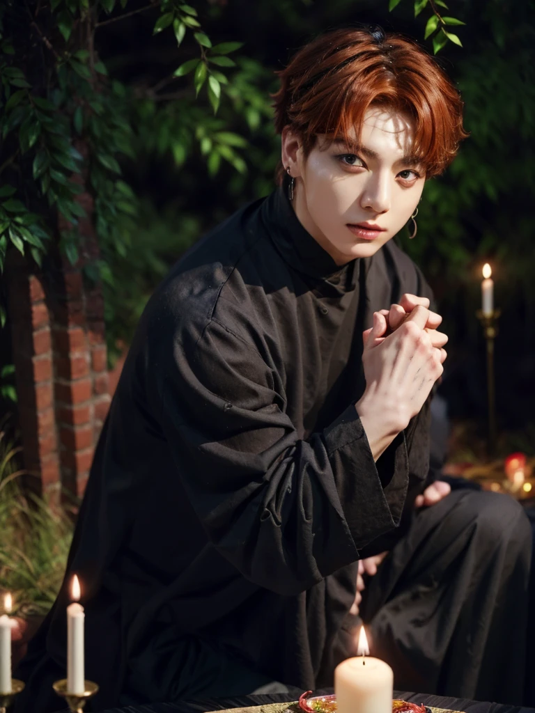 Jungkook bts actor and kpop idol more realism in hair and clothing hair orange, Generate an image of a Korean Kpop idol with bright orange hair, dressed in a black shirt and a tunic of the same color, surrounded by dark witches and warlocks in a coven. The background must be dark and gloomy, lleno de velas y witchcraft symbols.Create a visual representation of a Korean Kpop actor, with a spinal crown on his head, dressed in a black tunic and black shirt in a coven setting. Around it, dark witches casting curses, with a shadowy forest full of candles as a backdrop.Produces an image where a Korean Kpop idol, recognizable by his bright orange hair, is immersed in an environment of witchcraft and curse. He is dressed in a black tunic and a dark shirt, surrounded by wizards and witches in a dark forest full of magical symbols.Korean kpop idol actor who is dressed in a black shirt, black tunic, with a crown of thorns on his head, he is in a witches coven, all dark witches, curse and witchcraft, the background that is dark dark, a black background in a forest full of candles and spells, witchcraft symbols, bright orange hair amidst candles at a coven. homme coréen musclé maléfique manly muscle man, Young muscular evil Asian, 30 years old, manly, serious, serious face, rough features. Let your muscles be shown, half your body exposed with snake tattoos.asian with strong muscles showing, rough masculine face, masculine manly manly features. Australian Canadian with a rough muscular face who shows off his muscles