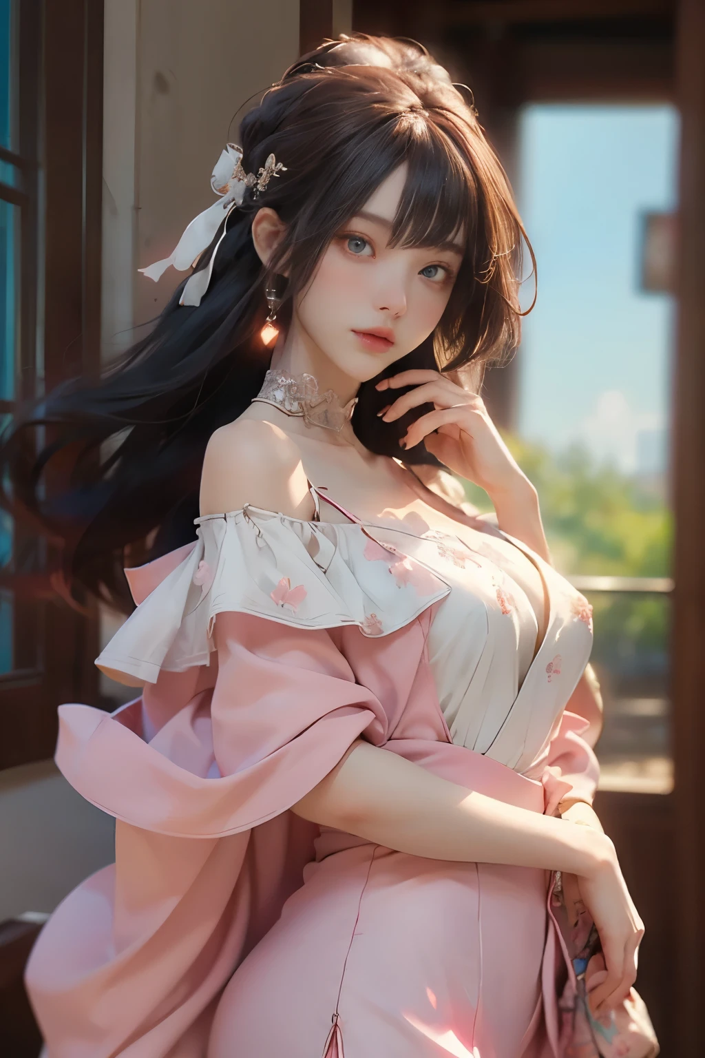 ((best qualtiy)), ((tmasterpiece)), (Detail:1.4), 3D, Beautiful cyberpunk female images,hdr(HighDynamicRange),Ray traching,NVIDIA RTX,Hyper-Resolution,illusory 5,sub surface scattering,PBR textures,post-proces,Anisotropy Filtering,depth of fieldaximum definition and sharpnesany-Layer Textures,Albedo e mapas Speculares,Surface Coloring,Mitsu-Accurate simulation of material interactions,perfectly proportioned,rendering by octane,Two-colored light,largeaperture,Low ISO,White balance,Rule three points、8K raw data、beautiful bright pupils,off-the-shoulder clothes,Fine pupils,Delicate face and eyes,long eyelasher,Blushlush,Delicate and fluffy hair,pink lip,Pure,cute big breasts,Sweet girl,Artistic sense,Casual wear,Advancedsense,butterflys,Cherry blossom petal,Beautiful hair accessories,Long hair and waist,Hair fluttering in the wind