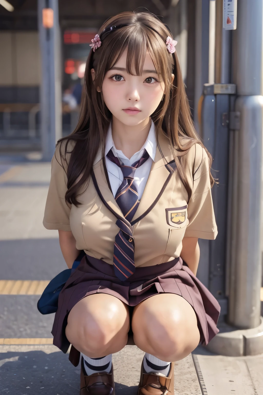 Masterpiece, school girl,Squatting in the train station,(Japanese idle:1.4), brown hair, Plump breast, Blushed face, From below, (school uniform)