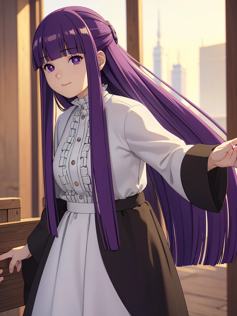 è²ä¼¦,1girl,solo,purple hair,long hair,purple eyes,blunt bangs,sidelocks,half updo,bright pupils, hair ornament,frilled collar,black robe,white dress,center frills,buttons,wide sleeves,long sleeves,curvy,cowboy shot,brown coat,from side,smile,, Exquisite visuals, high-definition,masterpiece,best quality,, 20yo,Young female,Beautiful Finger,Beautiful long legs,Beautiful body,Beautiful Nose,Beautiful character design, perfect eyes, perfect face,expressive eyes, looking at viewer, official art,extremely detailed CG unity 8k wallpaper, perfect lighting,Colorful, Bright_Front_face_Lighting,shiny skin, (masterpiece:1.0),(best_quality:1.0), ultra high res,4K,ultra-detailed, photography, 8K, HDR, highres, absurdres:1.2, Kodak portra 400, film grain, blurry background, bokeh:1.2, lens flare, (vibrant_color:1.2), (beautiful_face:1.5),(narrow_waist), 