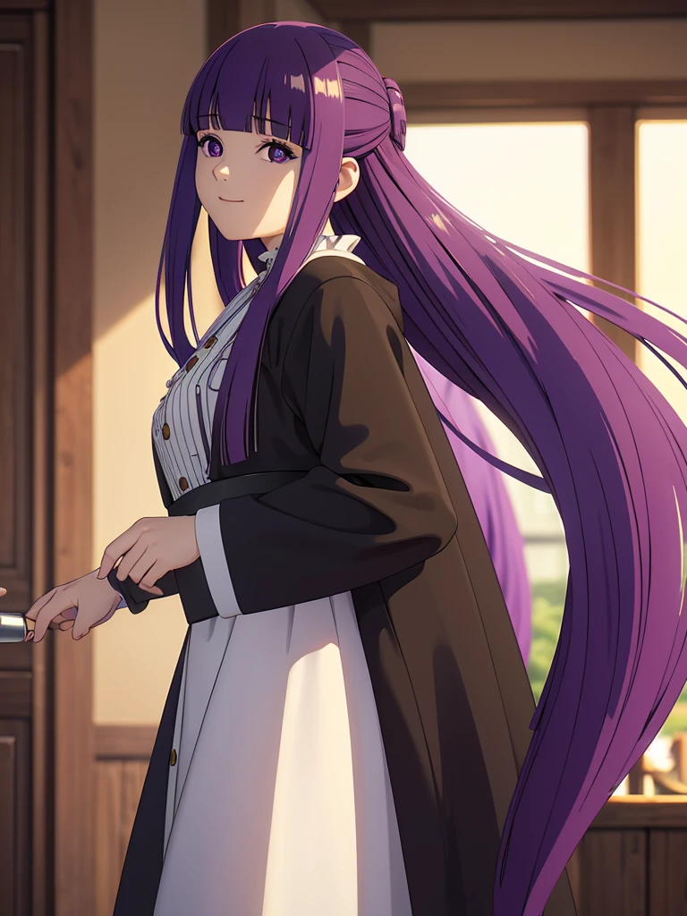 è²ä¼¦,1girl,solo,purple hair,long hair,purple eyes,blunt bangs,sidelocks,half updo,bright pupils, hair ornament,frilled collar,black robe,white dress,center frills,buttons,wide sleeves,long sleeves,curvy,cowboy shot,brown coat,from side,smile,, Exquisite visuals, high-definition,masterpiece,best quality,, 20yo,Young female,Beautiful Finger,Beautiful long legs,Beautiful body,Beautiful Nose,Beautiful character design, perfect eyes, perfect face,expressive eyes, looking at viewer, official art,extremely detailed CG unity 8k wallpaper, perfect lighting,Colorful, Bright_Front_face_Lighting,shiny skin, (masterpiece:1.0),(best_quality:1.0), ultra high res,4K,ultra-detailed, photography, 8K, HDR, highres, absurdres:1.2, Kodak portra 400, film grain, blurry background, bokeh:1.2, lens flare, (vibrant_color:1.2), (beautiful_face:1.5),(narrow_waist), 