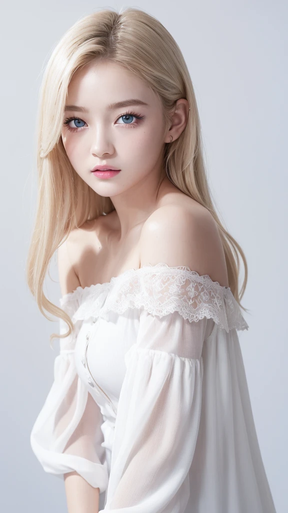 (((blouse、Off the shoulder、one piece、White background)))、forehead、Northern Europe、Russia、beautiful girl、Platinum Blonde Hair、Straight long hair、Hitting the face and front of the eyes、Big blue eyes、Sheer white and wet nightgown、Northern Europeの若者、Perfect body、White tendons、Glowing Skin、Young and beautiful skin、A perfect and beautiful little face、Bright makeup、Pale pink lips、Bright expression、、lipstick、Deceptive advertising、Viewer's vision、Golden Hour Lighting、Bokeh Atmosphere Perspective、detailed、Movie Light、複雑なdetailed、High resolution、 フェイスデザインのdetailedな特徴、Attention to detail、Clear focus、Smoothness、aesthetics、Printed、Octane、{{masterpiece}}