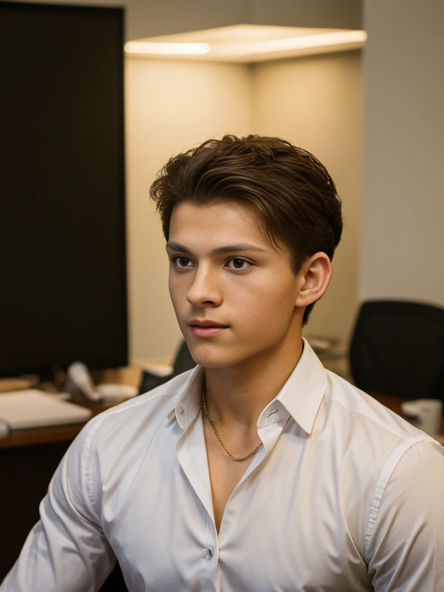 a teenage male model with brown hair, light skin, short hair, wearing formal wear in an office environment, professional work photography session, detailed facial features, sharp focus, high quality, 8k, photorealistic, studio lighting, dynamic pose, environmental office setting , warm lighting, glossy surfaces, clean background, the model's skin is light, the model is European.