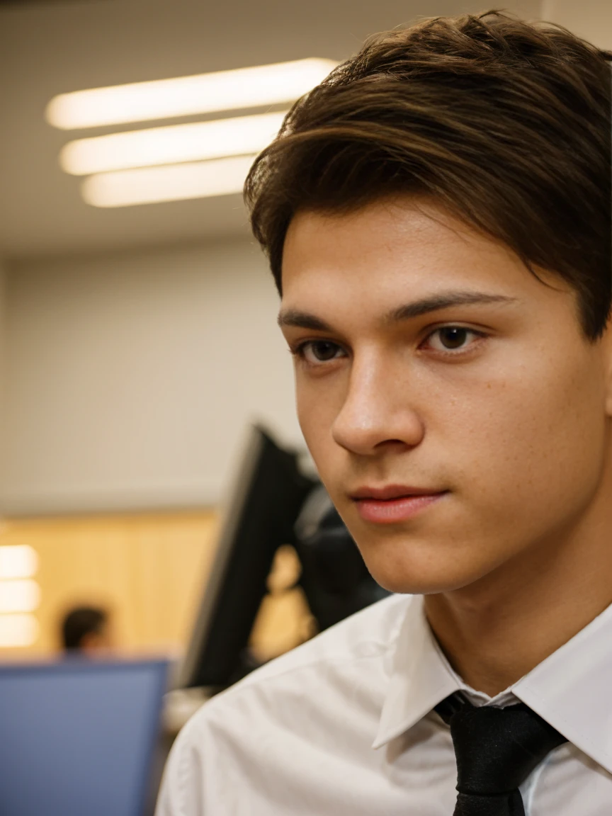 a teenage male model with brown hair, light skin, short hair, wearing formal wear in an office environment, professional work photography session, detailed facial features, sharp focus, high quality, 8k, photorealistic, studio lighting, dynamic pose, environmental office setting , warm lighting, glossy surfaces, clean background, the model's skin is light, the model is European.