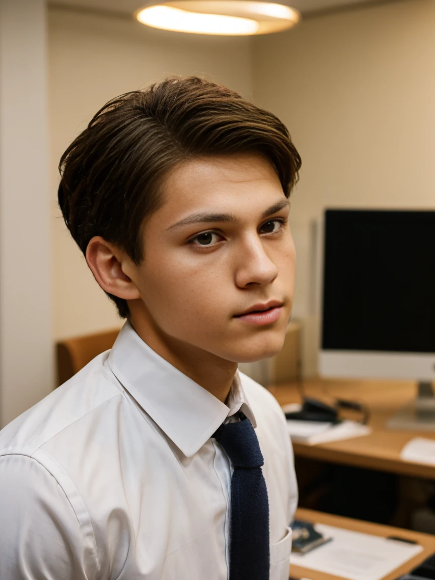 a teenage male model with brown hair, light skin, short hair, wearing formal wear in an office environment, professional work photography session, detailed facial features, sharp focus, high quality, 8k, photorealistic, studio lighting, dynamic pose, environmental office setting , warm lighting, glossy surfaces, clean background, the model's skin is light, the model is European.