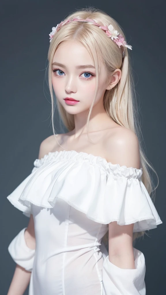 (((blouse、Off the shoulder、one piece、White background)))、forehead、Northern Europe、Russia、beautiful girl、Platinum Blonde Hair、Straight long hair、Hitting the face and front of the eyes、Big blue eyes、Sheer white and wet nightgown、Northern Europeの若者、Perfect body、White tendons、Glowing Skin、Young and beautiful skin、A perfect and beautiful little face、Bright makeup、Pale pink lips、Bright expression、16-year-old girl、lipstick、Deceptive advertising、Viewer&#39;s vision、Golden Hour Lighting、Bokeh Atmosphere Perspective、detailed、Movie Light、複雑なdetailed、High resolution、 フェイスデザインのdetailedな特徴、Attention to detail、Clear focus、Smoothness、aesthetics、Printed、Octane、{{masterpiece}}