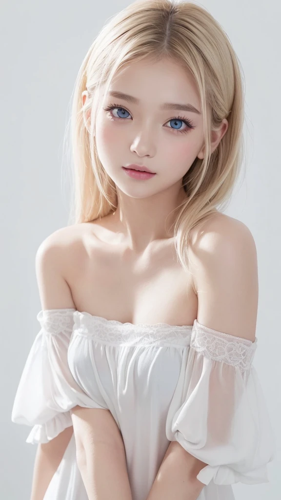 (((blouse、Off the shoulder、one piece、White background)))、forehead、Northern Europe、Russia、beautiful girl、Platinum Blonde Hair、Straight long hair、Hitting the face and front of the eyes、Big blue eyes、Sheer white and wet nightgown、Northern Europeの若者、Perfect body、White tendons、Glowing Skin、Young and beautiful skin、A perfect and beautiful little face、Bright makeup、Pale pink lips、Bright expression、****************、lipstick、Deceptive advertising、Viewer&#39;s vision、Golden Hour Lighting、Bokeh Atmosphere Perspective、detailed、Movie Light、複雑なdetailed、High resolution、 フェイスデザインのdetailedな特徴、Attention to detail、Clear focus、Smoothness、aesthetics、Printed、Octane、{{masterpiece}}